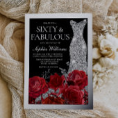 Red Roses & Silver Foil Black 60th Birthday 箔招待状