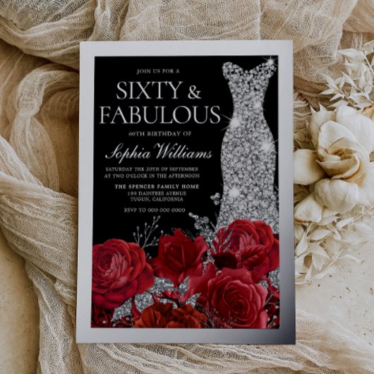Red Roses & Silver Foil Black 60th Birthday 箔招待状