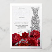 Red Roses & Silver Foil Border Bridal Shower 箔招待状 (正面)