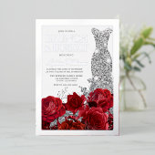 Red Roses & Silver Foil Border Bridal Shower 箔招待状 (立ち正面)