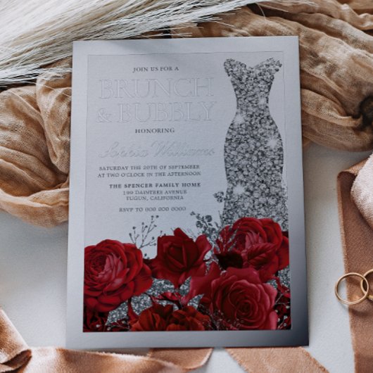 Red Roses & Silver Foil Border Bridal Shower 箔招待状
