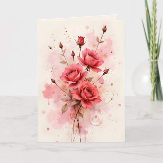 Red Roses Watercolor Anniversary Valentine's Day カード (正面)