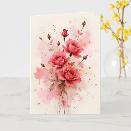 Red Roses Watercolor Anniversary Valentine's Day カード (黄色い花)