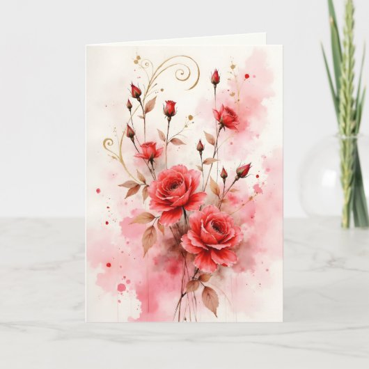 Red Roses Watercolor Anniversary Valentine's Day カード (正面)