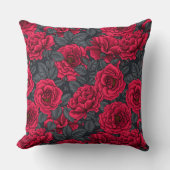 Red roses with gray leaves on black クッション (正面)