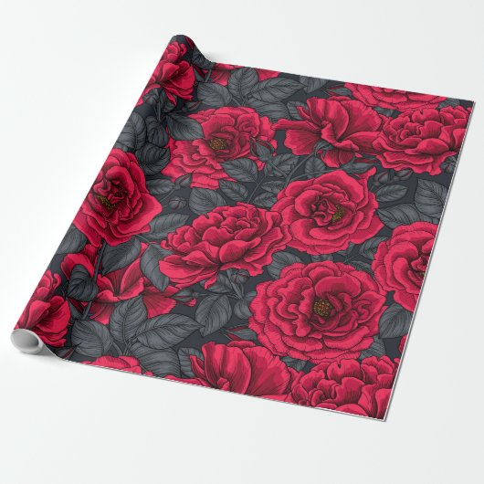 Red roses with gray leaves on black ラッピングペーパー (アンロールド)