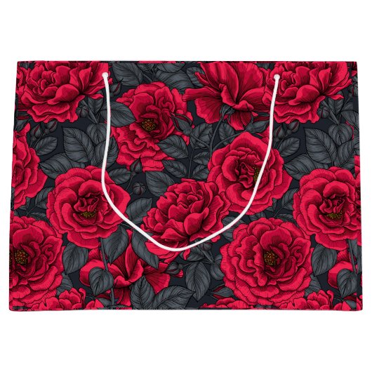 Red roses with gray leaves on black ラージペーパーバッグ (正面)