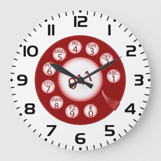 Red Rotary Phone Dial 911 Emergency Number ラージ壁時計 (正面)
