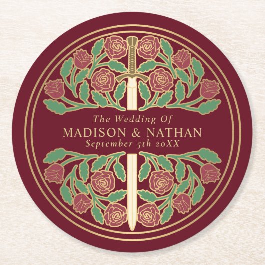 Red Royal Medieval Gold Sword Wedding ラウンドペーパーコースター (正面)