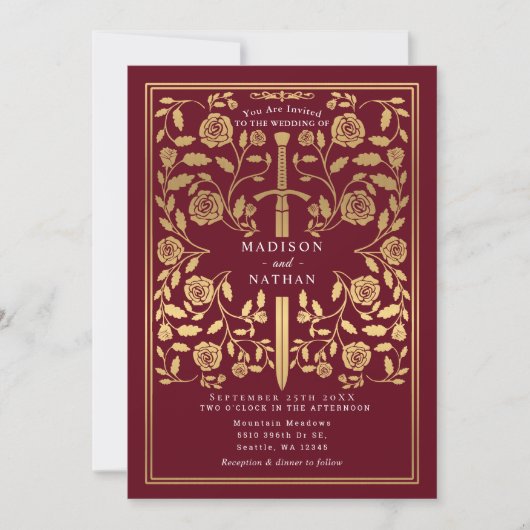 Red Royal Medieval Gold Sword Wedding QR Code 招待状 (正面)