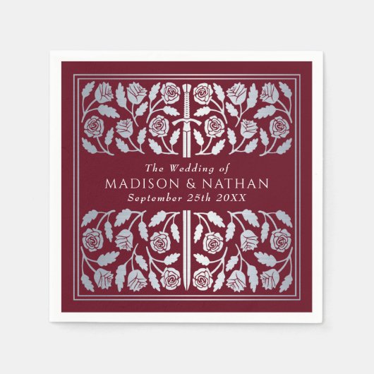 Red Royal Medieval Silver Sword Wedding スタンダードカクテルナプキン (正面)