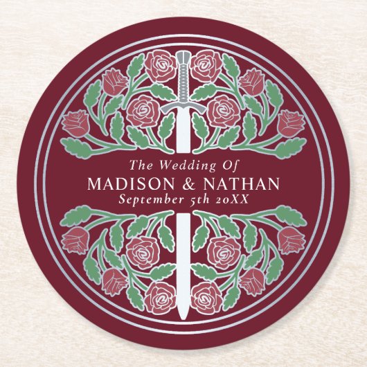 Red Royal Medieval Silver Sword Wedding ラウンドペーパーコースター (正面)