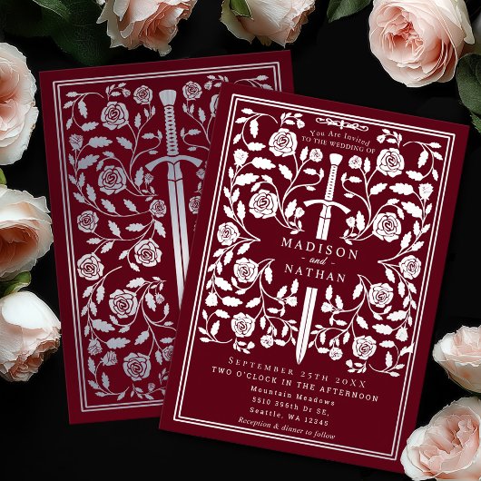 Red Royal Medieval Silver Sword Wedding 箔招待状