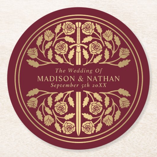 Red Royal Medieval Sword Wedding ラウンドペーパーコースター (正面)