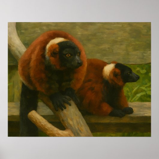 Red Ruffed Lemurs in Woodland Light ポスター (正面)