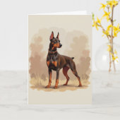 Red Rust Brown Doberman Pinscher Dog カード (黄色い花)