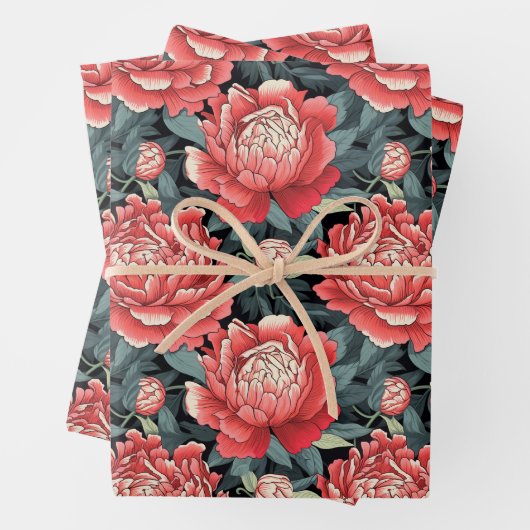 Red & Sage Peony Flowers Wrapping Sheets Set of 3 ラッピングペーパーシート (インサイチュ)