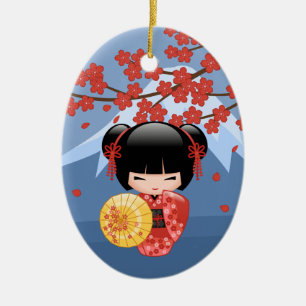 Red Sakura Kokeshi Doll - Cute Geisha Girl セラミックオーナメント