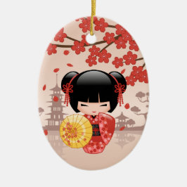 Red Sakura Kokeshi Doll - Japanese Geisha Girl セラミックオーナメント