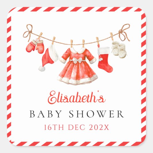 Red Santa Baby Baby Shower スクエアシール (正面)