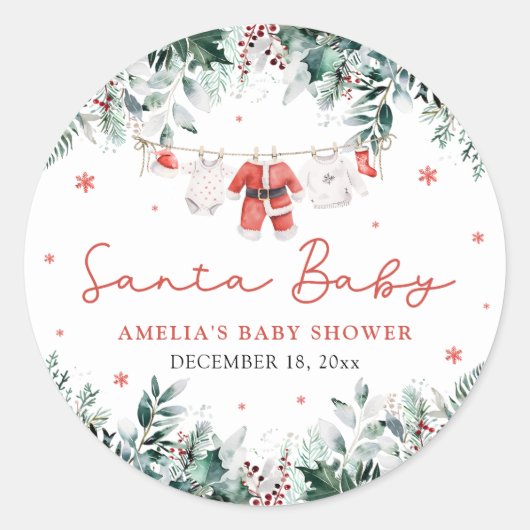 Red Santa Baby Christmas Baby Clothes Baby Shower ラウンドシール (正面)
