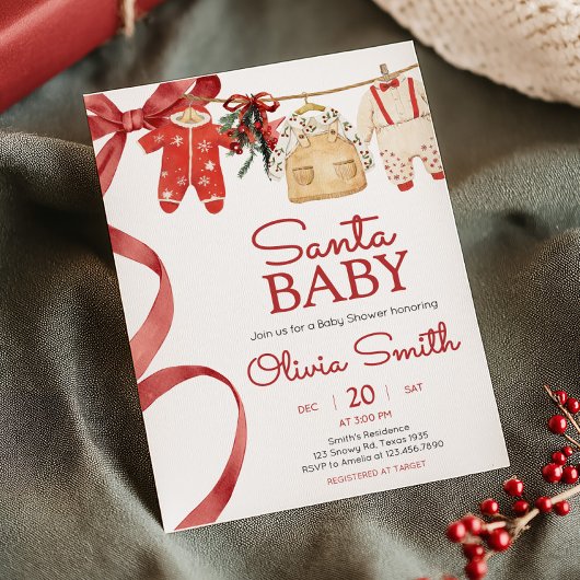 Red Santa Baby Christmas Baby Shower  招待状