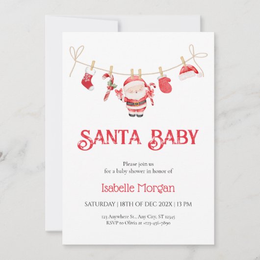 Red Santa Baby Christmas Baby Shower Invitation 招待状 (正面)