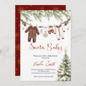 Red santa baby christmas clothesline baby shower 招待状 (正面/裏面)