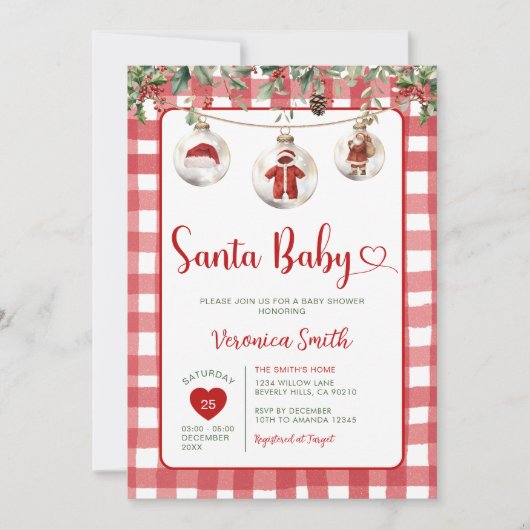 Red Santa Baby Shower Clothesline Christmas Floral 招待状 (正面)
