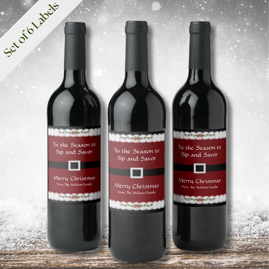 Red Santa Belt Christmas Wine Bottle Label Set ワインラベル