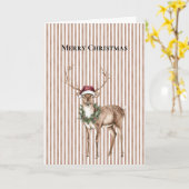 Red Santa Hat Reindeer Brown Stripes Christmas カード (黄色い花)