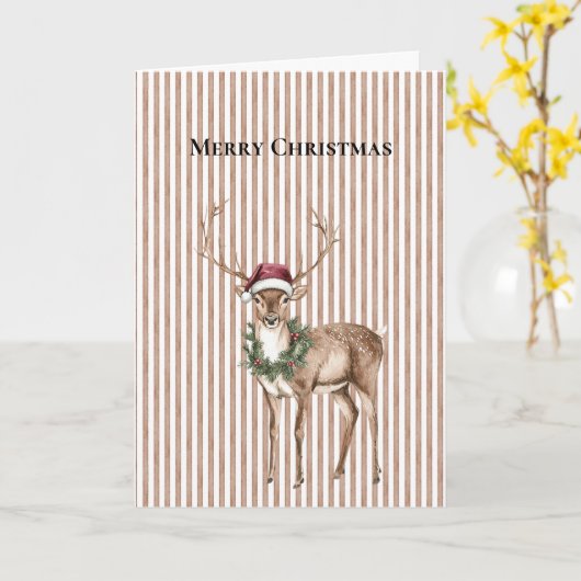 Red Santa Hat Reindeer Brown Stripes Christmas カード (黄色い花)