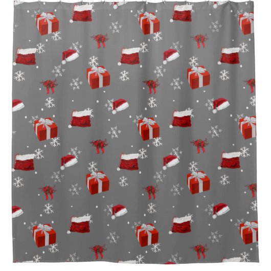 Red Santa Hatsとプレゼントの木炭 シャワーカーテン (正面)