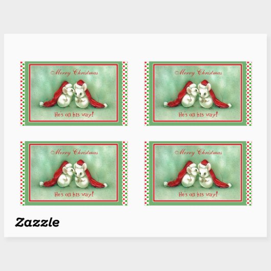 Red Santa Hatsとヴィンテージクリスマスネズミ 長方形シール (シート)