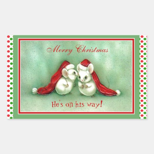 Red Santa Hatsとヴィンテージクリスマスネズミ 長方形シール (正面)