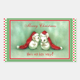 Red Santa Hatsとヴィンテージクリスマスネズミ 長方形シール