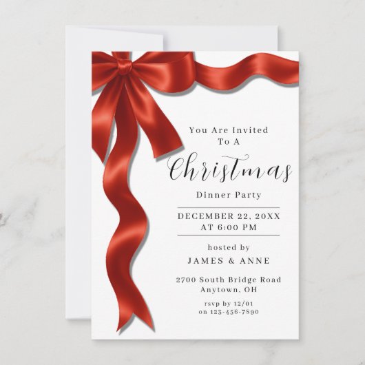 Red Satin Ribbon Christmas Party Invitation 招待状 (正面)