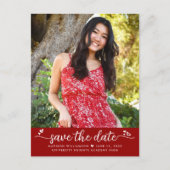 Red Save the Date Graduationフォトスクリプトハート インビテーションポストカード (正面)