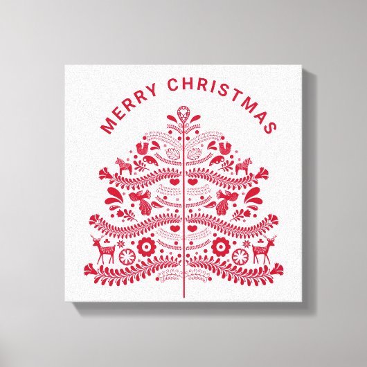 Red Scandinavian Folk Art Christmas Tree キャンバスプリント (正面)