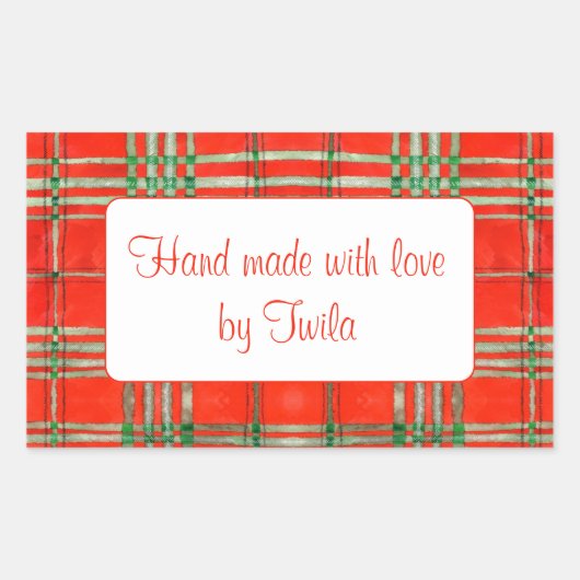 RED SCOTTタータンチェック長方形「手作り」ステッカー 長方形シール (正面)