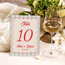Red Script Blue Line Retro Wedding Table Number テーブルナンバー