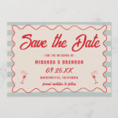 Red Script Blue Lines Retro QR Code Save the Date 招待状 (正面)
