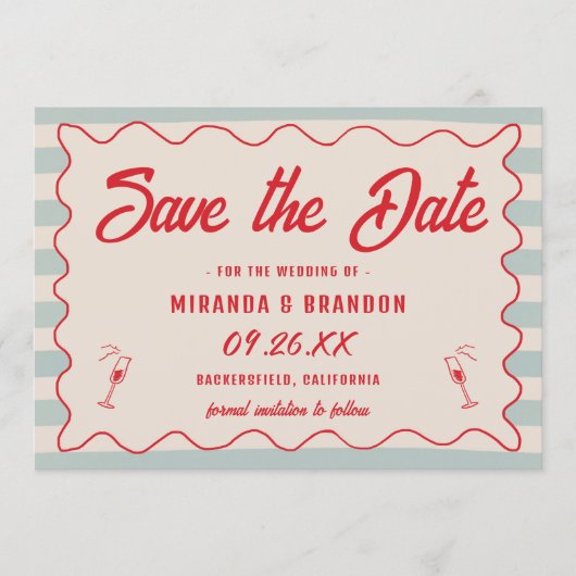 Red Script Blue Lines Retro QR Code Save the Date 招待状 (正面)