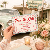 Red Script Blue Lines Retro QR Code Save the Date 招待状
