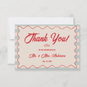 Red Script Blue Lines Retro Wedding Photo サンキューカード (正面)