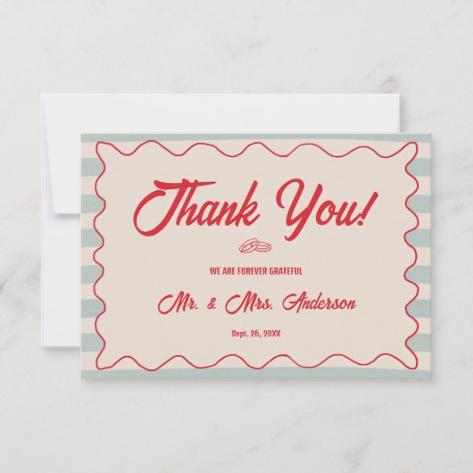 Red Script Blue Lines Retro Wedding Photo サンキューカード (正面)