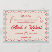 Red Script Blue Lines Retro Wedding Save the Date 招待状 (正面)