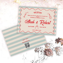 Red Script Blue Lines Retro Wedding Save the Date 招待状