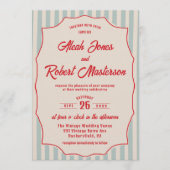 Red Script Blue Stripe Retro QR Code Photo Wedding 招待状 (正面)