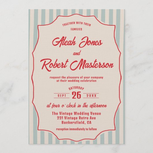 Red Script Blue Stripe Retro QR Code Photo Wedding 招待状 (正面)